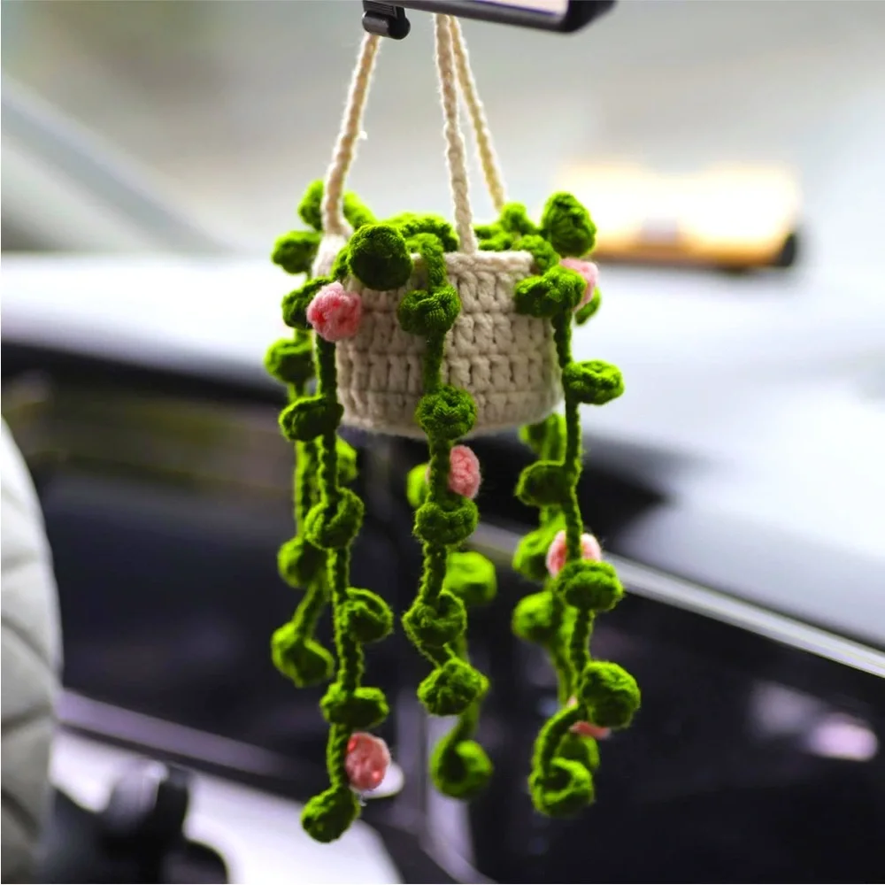 Handmade Woven Flower Vine Plant Pot Yarn Knit Car Mirror/Wall Hanging Accessory - Picture 3 of 6